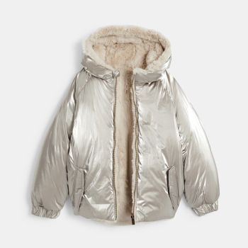 مِعطَف لامع بفرو اصطناعي قابل للارتداء على الوجهين، للفتيات،